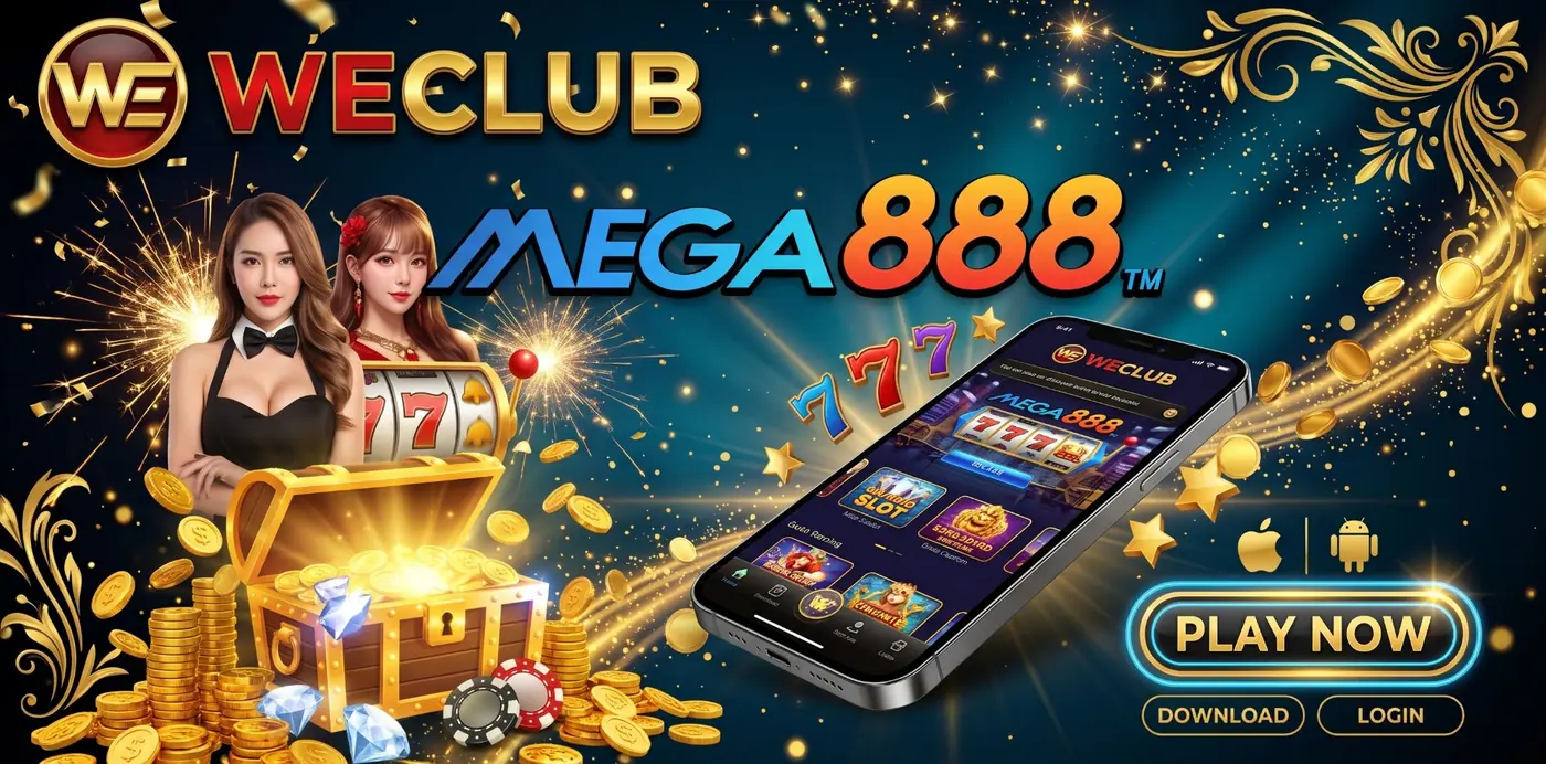 WeClub Mega888 banner with the Mega888 app, download and login buttons